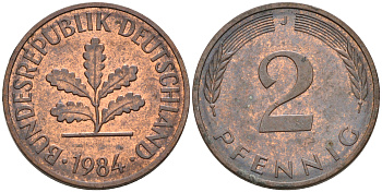 ФРГ 2 ПФЕННИГА 1984 J KM 106a, J.381a сталь плакированная сталь плакированная медьюю 75-448