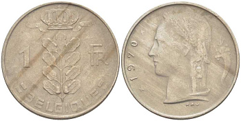 БЕЛЬГИЯ 1 ФРАНК 1970 BELGIQUE, БОДУЭН I (1951-1993) KM 142.1 медно-никель 213-525