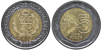 Перу 5 новых солей 2008 KM 316 биметалл aUNC 4605-347