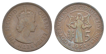 Кипр 5 милей 1955 Елизавета II (1952-2022) KM 34 бронза 4648-1013