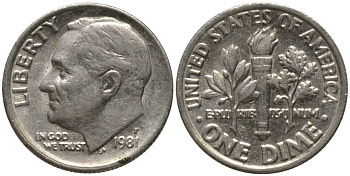 США 10 ЦЕНТОВ = 1 ДАЙМ 1981 P, РУЗВЕЛЬТ KM 195а медь плакированная медно-никелем 3955-927