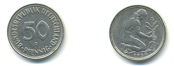 ФРГ 50 ПФЕННИГОВ 1950 G KM 109.1, J. 384 медно-никель 4379-339