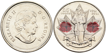 Канада 25 центов 2010 65 лет победы во Второй мировой войне, цветная эмаль KM 1028 никелированная сталь UNC 4586-1037