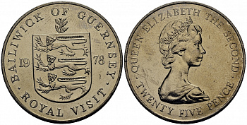Гернси 25 пенсов 1978 Королевский визит KM 32 медно-никель UNC M4-06