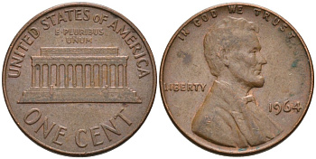 США 1 цент 1964 Линкольн KM 201 медь цинк 4564-431