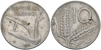 Италия 10 лир 1955 R, КОЛОС, плуг KM 93 алюминий 4573-757