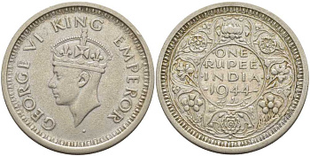 Британская Индия 1 рупия 1944 Георг VI (1936-1952) KM 557.1 серебро 1080-1-52