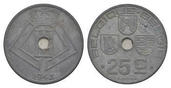 Бельгия 25 сантимов 1943 Belgique - Belgie, Леопольд III (1934-1947), германская оккупация, Вторая мировая война KM 131 цинк 4619-1025