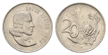 ЮАР 20 центов 1966 Ян ван Рибек (1619-1677), South Africa, легенда на английском, цветок протея KM 69.1 никель 4693-644