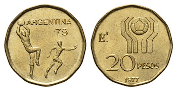 Аргентина 20 песо 1977 Чемпионат мира по футболу, Аргентина 1978 KM 75 алюминиевая бронза UNC 4391-513