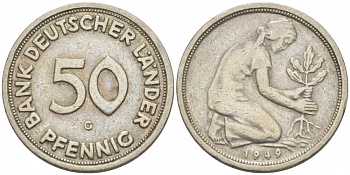 ФРГ 50 пфеннигов 1949 G KM 104, J. 379 медно-никель 112-941