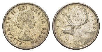 Канада 25 центов 1960 Елизавета II (1952-2022), олень KM 52 серебро 4622-835