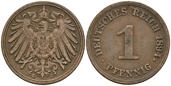Германия 1 пфенниг 1894 G, Вильгельм II (1888-1918) KM 10, J. 10 медь 4608-222