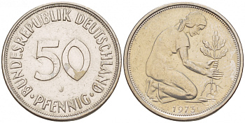 ФРГ 50 ПФЕННИГОВ 1975 J, KM 109.2, J. 384 медно-никель 4532-326