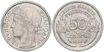 ФРАНЦИЯ 50 САНТИМОВ 1941 ТИП MORLON LOURDE KM 894.1a, LE FRANC 193.2 алюминий 44-169