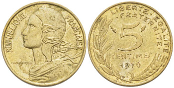 ФРАНЦИЯ 5 САНТИМОВ 1976 ТИП MARIANE KM 933, LE FRANC 125.12 алюминиевая бронза 4516-818