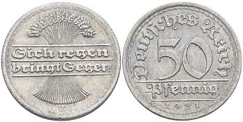 ГЕРМАНИЯ 50 ПФЕННИГОВ 1921 G KM 27, J. 301, Weege 10 алюминий 261-734