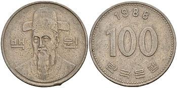 Южная Корея 100 вон 1988 Ли-Сунсин, корейский флотоводец KM 35.2 медно-никель 4156-1034