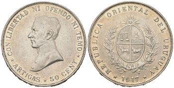 Уругвай 50 сентесимо 1917 KM 22 серебро 1530-522