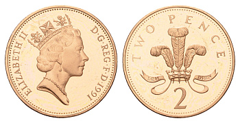 Великобритания 2 пенса 1991 Елизавета II (1952-2022) KM 936, Spink 4376 (C3) бронза PROOF 4127-1345