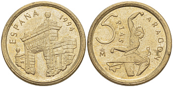 ИСПАНИЯ 5 ПЕСЕТ 1994 АРАГОН (ARAGON) , БАЛЕРИНА, ХУАН КАРЛОС I ( 1975-) KM 931 никель латунь 4181-11 19
