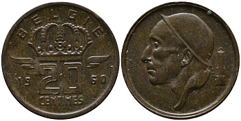 Бельгия 20 сантимов 1960 Belgie, Бодуэн I (1951-1993) KM 147.1 бронза 99-346