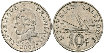 Французская Новая Каледония 10 франков 2007 рыбачья парусная лодка, (IEOM) KM 11a, Schoen 13a, Lec 99k медно-никель 54-2431