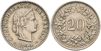 Швейцария 20 раппенов 1944 B KM 29a медно-никель 4606-746