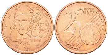 Франция 2 евроцента 1999 KM 1283 сталь плакированная медью 218-132