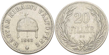 Венгрия 20 филлеров 1893 KB, Франц Иосиф I (1848-1916) KM 483 никель 117-811