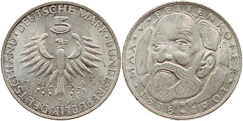 ФРГ 5 марок 1968 D, 150 лет со дня рождения Макса фон Петтенкофера J. 398, KM 123.1 серебро aUNC 1529-215