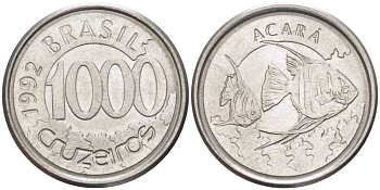 Бразилия 1000 крузейро 1993 реформа 1990-1993, рыбка Акара KM 626 нержавеющая сталь 26-633