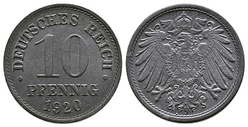 ГЕРМАНИЯ 10 ПФЕННИГОВ 1920 KM 26, J. 299 цинк 4380-223