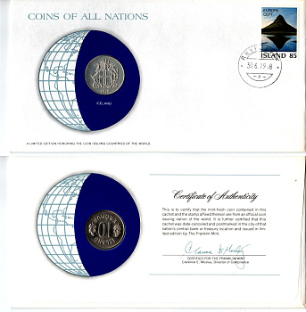 Исландия 10 крон 1978 конверт с маркой первого дня гашения, Coins of Nations KM 15 медно-никель UNC 4295-1-3