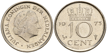 Нидерланды 10 центов 1973 Юлиана (1949-1980) KM 182 никель    4598-315