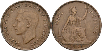 Великобритания 1 пенни 1938 Георг VI (1936-1952) KM 845, Spink 4114 бронза 4117-1225