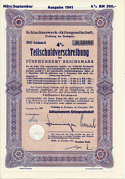Германия 500 рейхсмарок 1941 АО Schluchseewerk (оператор 5 ГЭС), Фрайбург-им-Брайсгау, 4% -ное частичное обязательство   бумага  8804-85-1