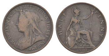 Великобритания 1/2 пенни 1901 Виктория (1837-1901) KM 789, Spink 3962 бронза 4167-232