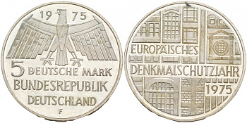 ФРГ 5 марок 1975 F, Европейский год охраны памятников J. 417, KM 142.1 серебро 3855-624