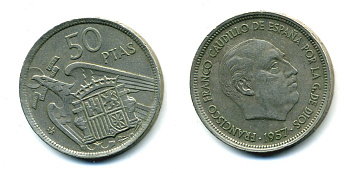 Испания 50 песет 1957 (60) Франциско Франко (1939-1975) KM 788 медно-никель 41-1043