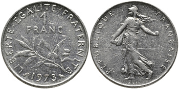 ФРАНЦИЯ 1 ФРАНК 1973 СЕЯТЕЛЬ KM 925.1 никель 65-1025