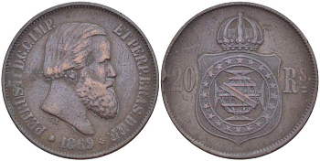 Бразилия 20 рейсов 1869 Педро II (1831-1889) KM 474 бронза 4529-453