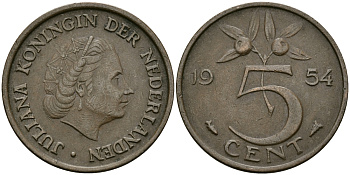 НИДЕРЛАНДЫ 5 ЦЕНТОВ 1954 ЮЛИАНА KM 181 бронза 95-314