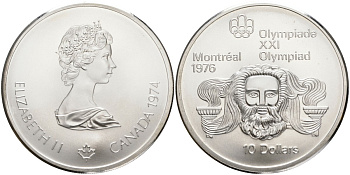 Канада 10 долларов 1974 XXI летние Олимпийские игры в Монреале 1976 года, голова Зевса KM 93 серебро UNC 1525-433