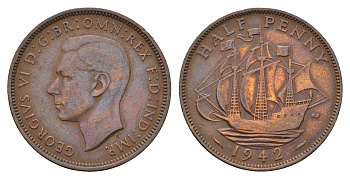 Великобритания 1/2 пенни 1942 Георг VI (1936-1952) KM 844, Spink 4115 бронза 4700-1214