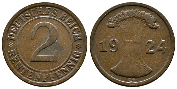 ГЕРМАНИЯ 2 РЕНТЕНПФЕННИГА 1924 G KM 31, J.307 бронза 86-1447