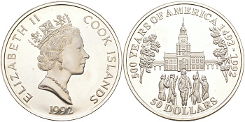 ОСТРОВА КУКА 50 ДОЛЛАРОВ 1992 500 ЛЕТ ОТКРЫТИЮ АМЕРИКИ, ИНДЕПЕНДЕНС-ХОЛЛ, ВЕС 31,1035 ГР. KM 200 серебро PROOF 1074-7-13