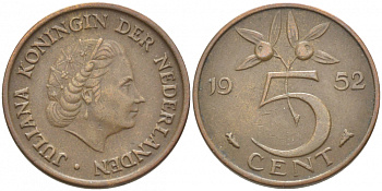 НИДЕРЛАНДЫ 5 ЦЕНТОВ 1952 ЮЛИАНА KM 181 бронза 3856-1211
