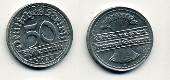 ГЕРМАНИЯ 50 ПФЕННИГОВ 1920 D KM 27, J. 301 алюминий 57-513