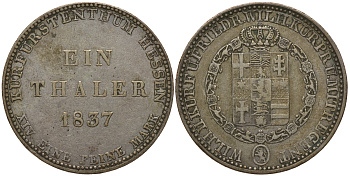 Гессен-Кассель 1 талер 1837 Вильгельм II Гессен-Кассельский (1821-1847) и Фридрих Вильгельм I (1831-1847) КМ 587, AKS 46, Jaeger 32 серебро 00-807-35